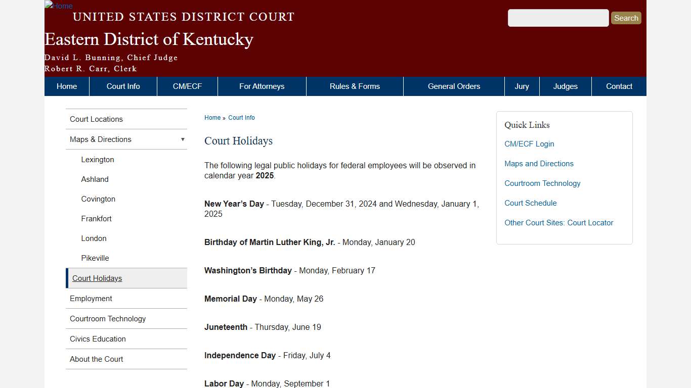 Court Holidays Eastern District of Kentucky United States District Court