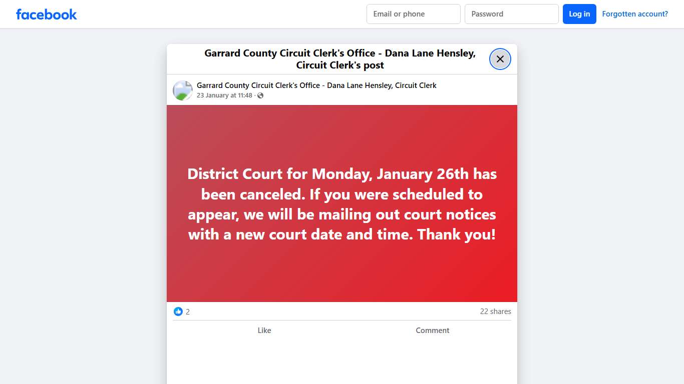 District Court for Monday, January 26th has been canceled. If you were scheduled to appear, we will be mailing out court notices with a new court date and... - Garrard County Circuit Clerk's Office - Dana Lane Hensley, Circuit Clerk Facebook